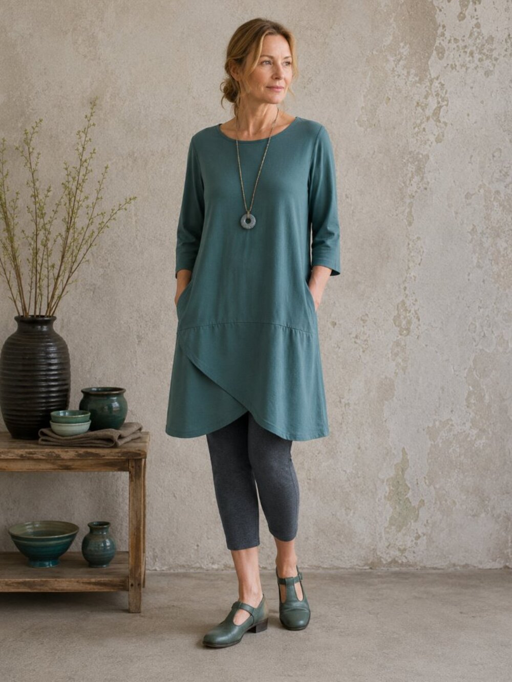 Gudrun Sjoden Organic Cotton Tunic Tulip Hem Pockets Teal Blue Lagenlook Medium